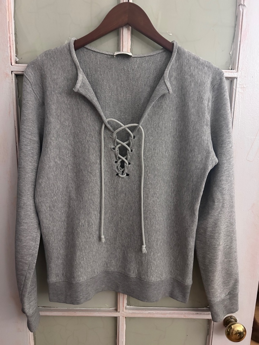 Saint Laurent Paris Gray Lace-Up V-Neck Sweatshirt